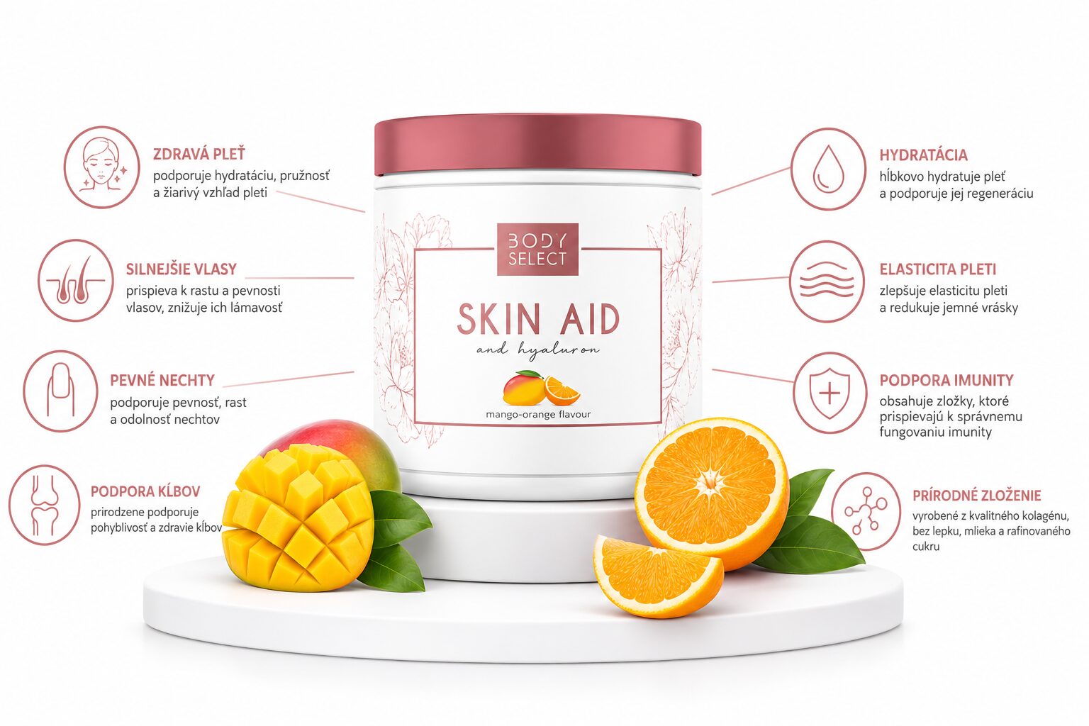 BodyMind Skin Aid mango-pomaranč, vnútorne vyživuje a regeneruje problematickú pokožku BodyMind Skin Aid mango-pomaranč obsahuje pridaný vitamín C, horčík a kyselinu hyalurónovú