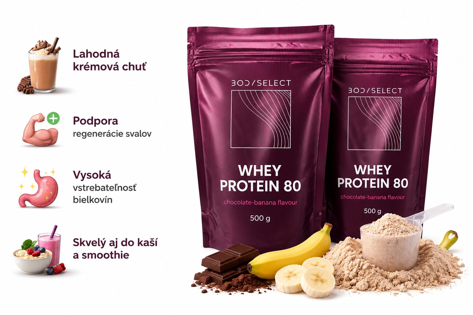 Srvátkový proteín BodyMind čokoláada banán, podporuje spaľovanie tukov