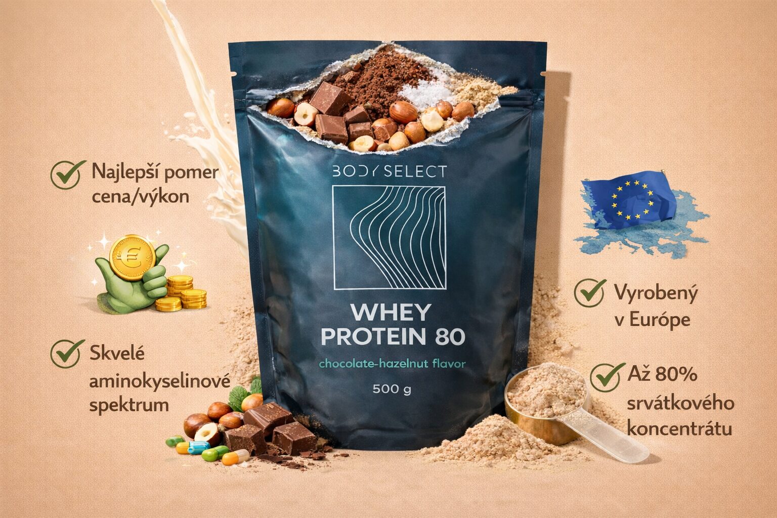 Srvátkový proteín Čokoláda-lieskový oriešok, rýchla regenerácia svalstva, BodyMind