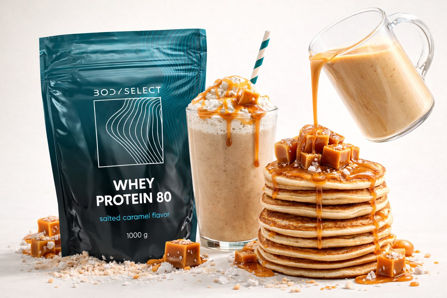 Srvátkový proteín Slaný karamel, ideálny pre smoothie a lievance, BodyMind