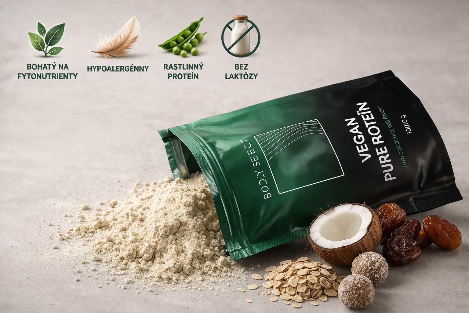 Benefity Vegánsky proteín Rum-kokos, rastlinný proteín bez laktózy, BodyMind