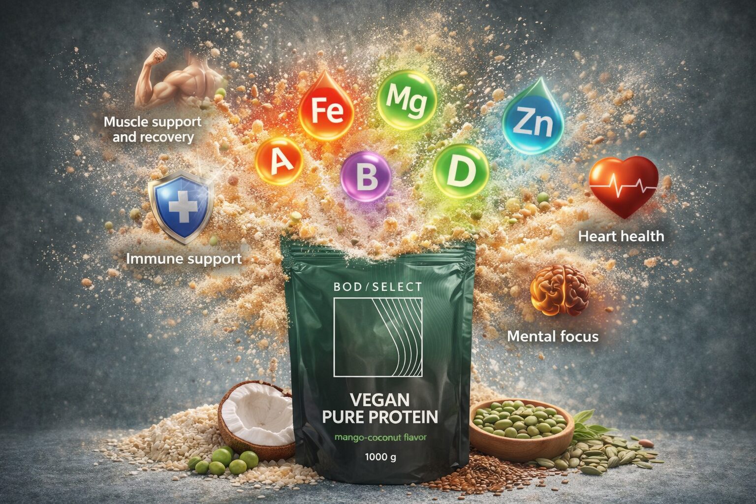 Proteín pre vegánov mango-kokos, bezlaktózový proteín, BodyMind