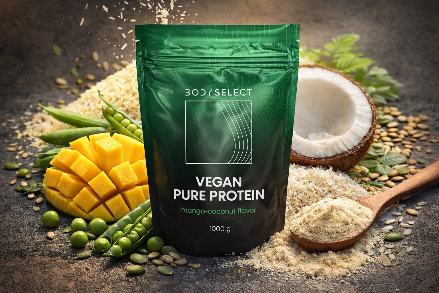 Vegánsky proteín Mango-kokos, bezlepkový rastlinný proteín, BodyMind