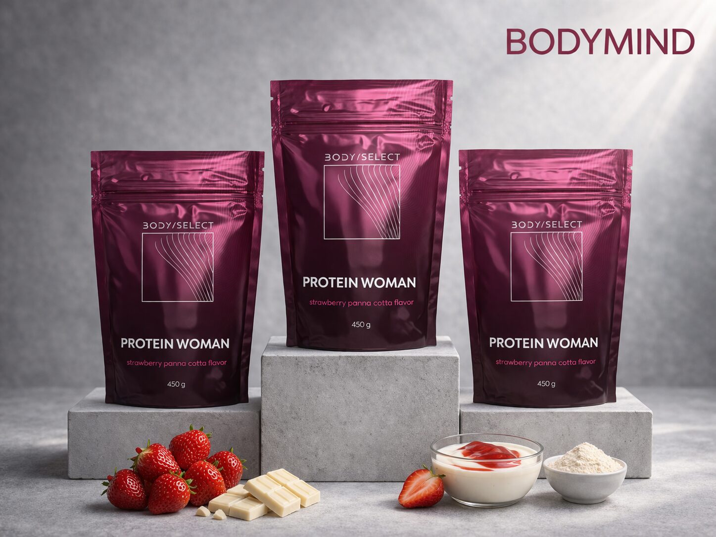 Dámsky proteín Jahoda-panna cotta 450g, hormonánla rovnováha,BodyMind