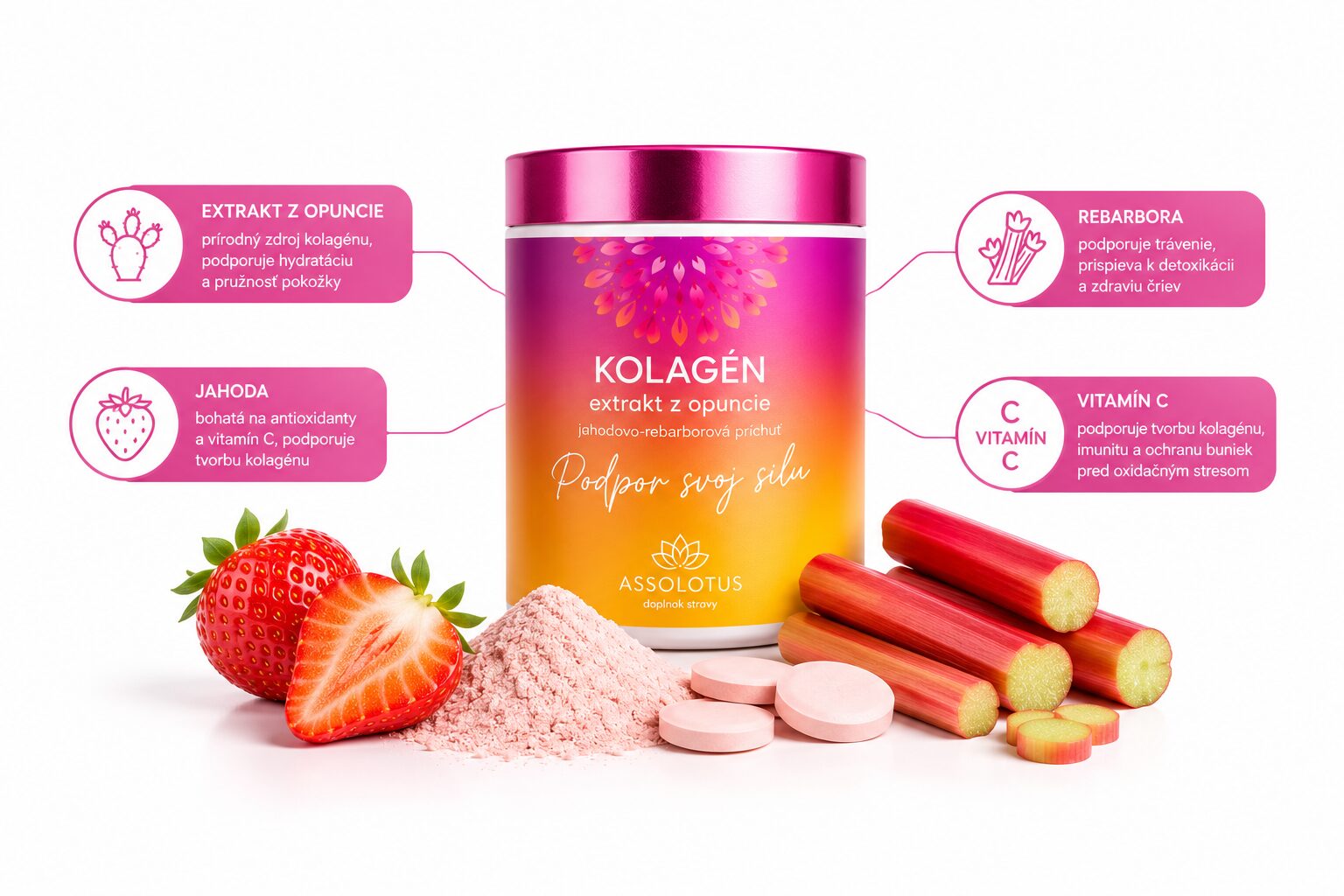 Kolagén s príchuťou jahoda-rebarbora a pridaným vitamínom C, BodyMind