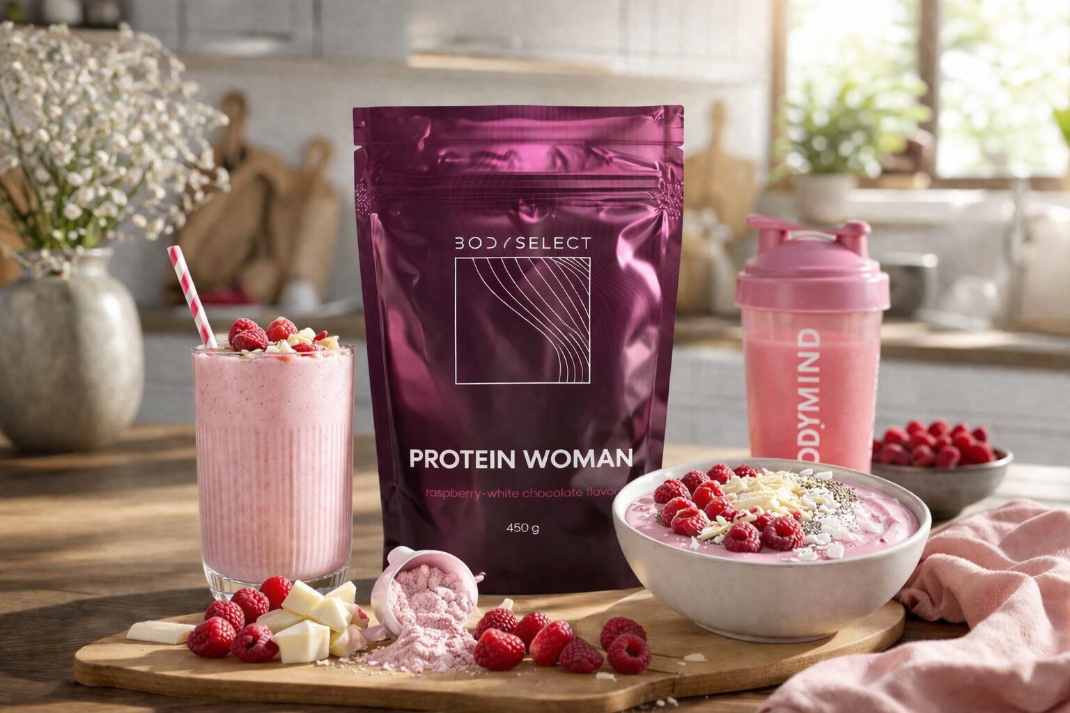 Woman proteín Malina-biela čokoláda, vysoký obsah vitamínu C,BodyMind