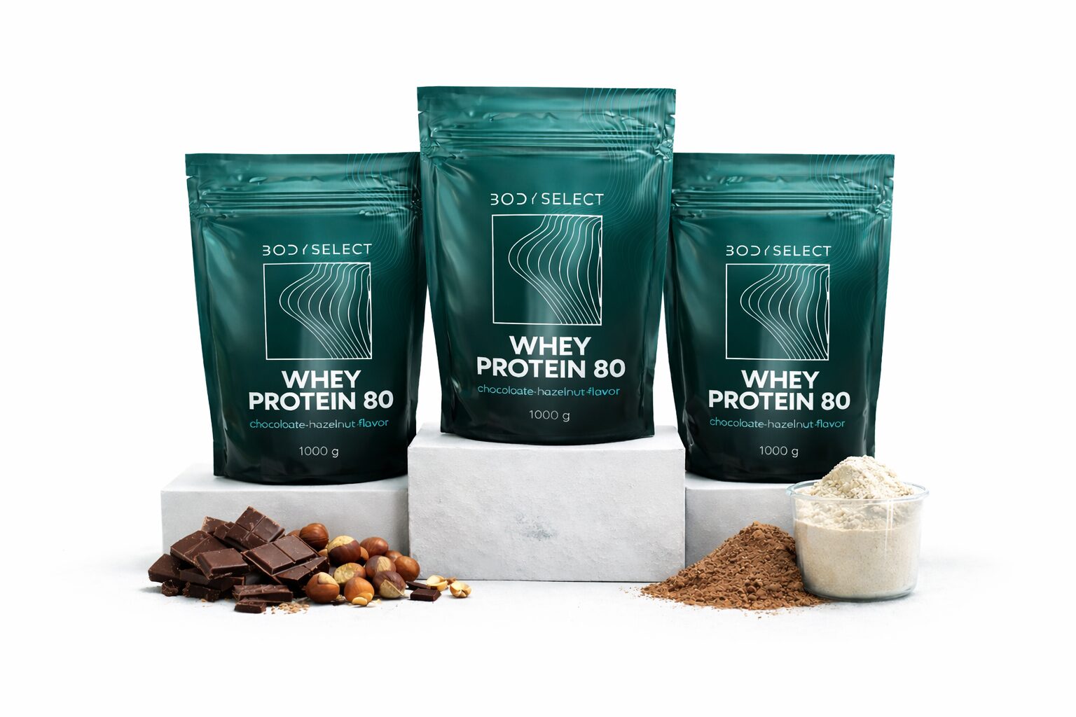 Srvátkový proteín Čokoláda-lieskový orech, minimálne 23 gramov bielkovín na rast svalov, BodyMind