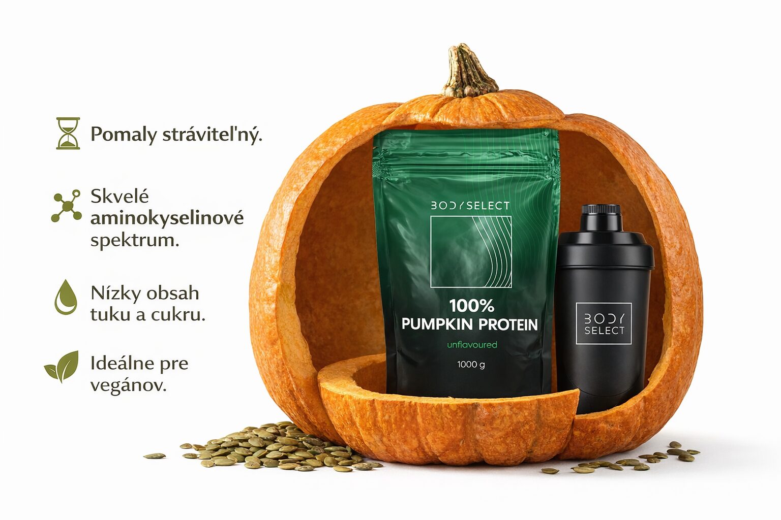 100% Tekvicový proteín bez príchute, vhodný pre alergikov a vegánov, BodyMind