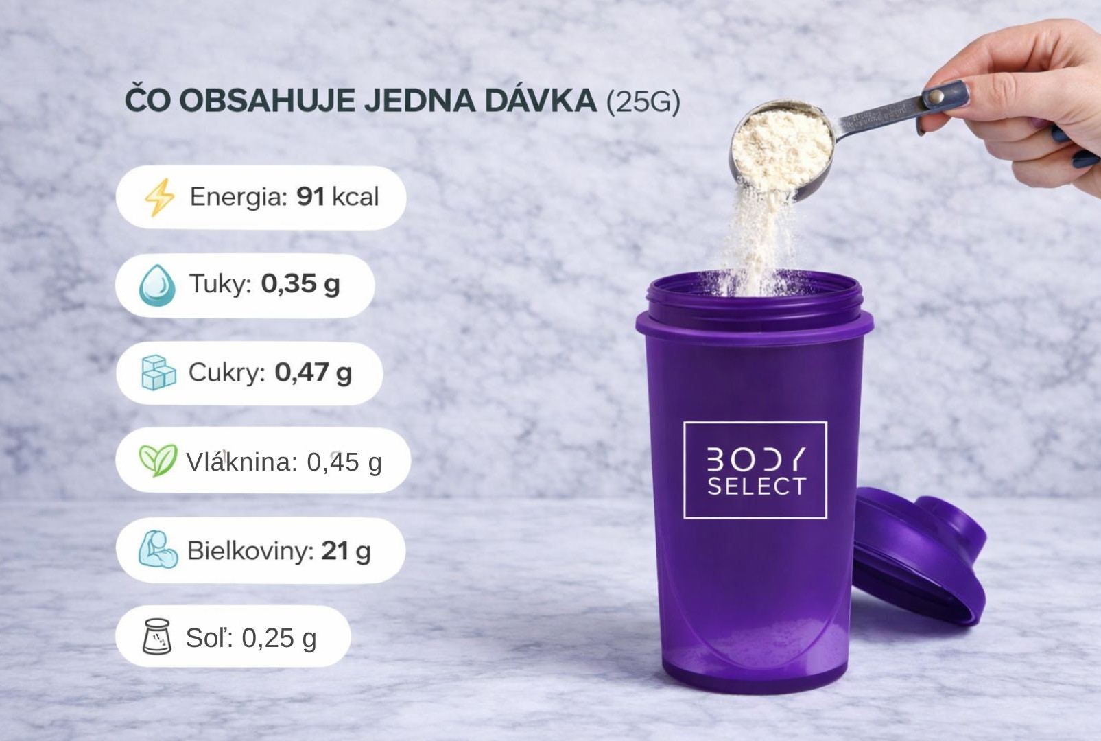 Jedna dávka srvátkového izolátu obsahuje 21g bielkovín na rast svalov od BodyMind.sk Srvátkový izolát Slaný karamel, čistý proteín s vysokým obsahom bielkovín, BodyMind