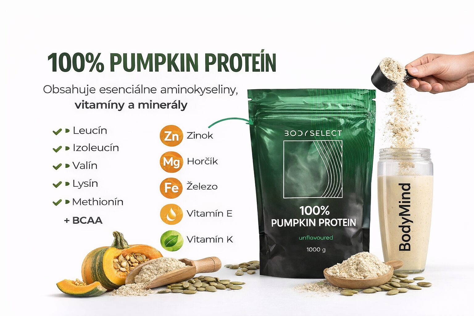 Tekvicový proteín, obsah aminokysselín, BodyMind