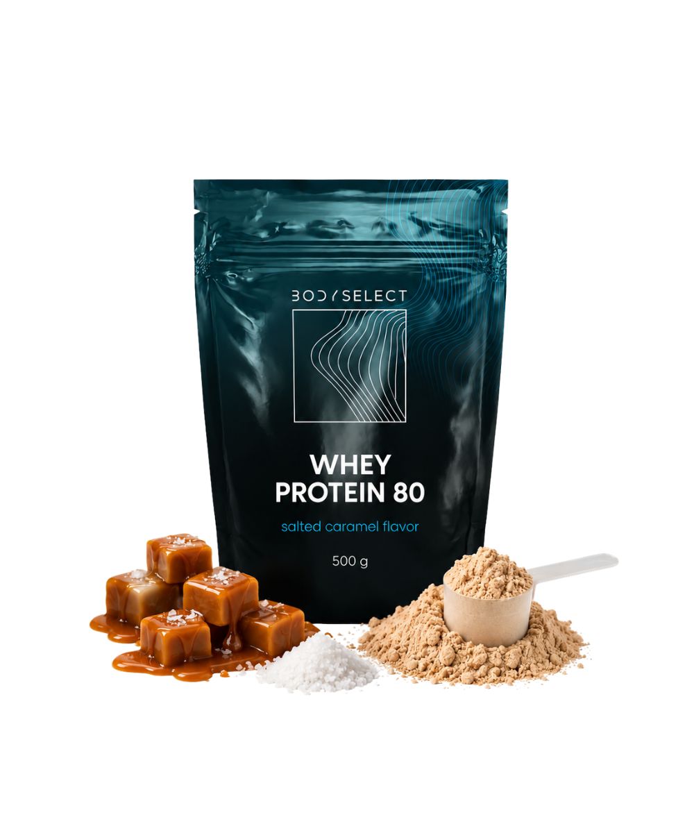 Srvátkový proteín Slaný karamel 500 g, vysoký obsah bielkovín, BodyMind