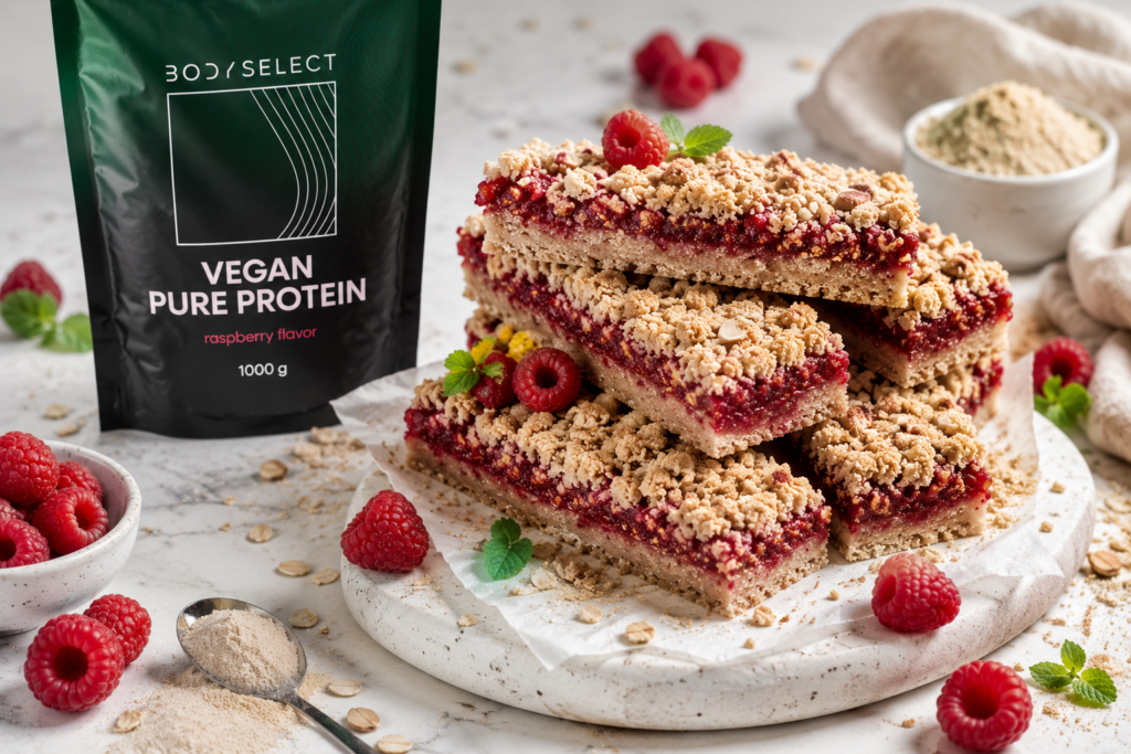 Malinové crumble tyčinky s proteínom, vysoký obsah bielkovín po tréningu